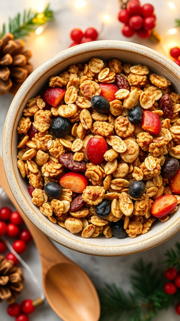 Festive Christmas Granola Recipe for the Holiday Season A bowl of Christmas granola with oats, nuts, and dried fruits, decorated with holiday elements.
